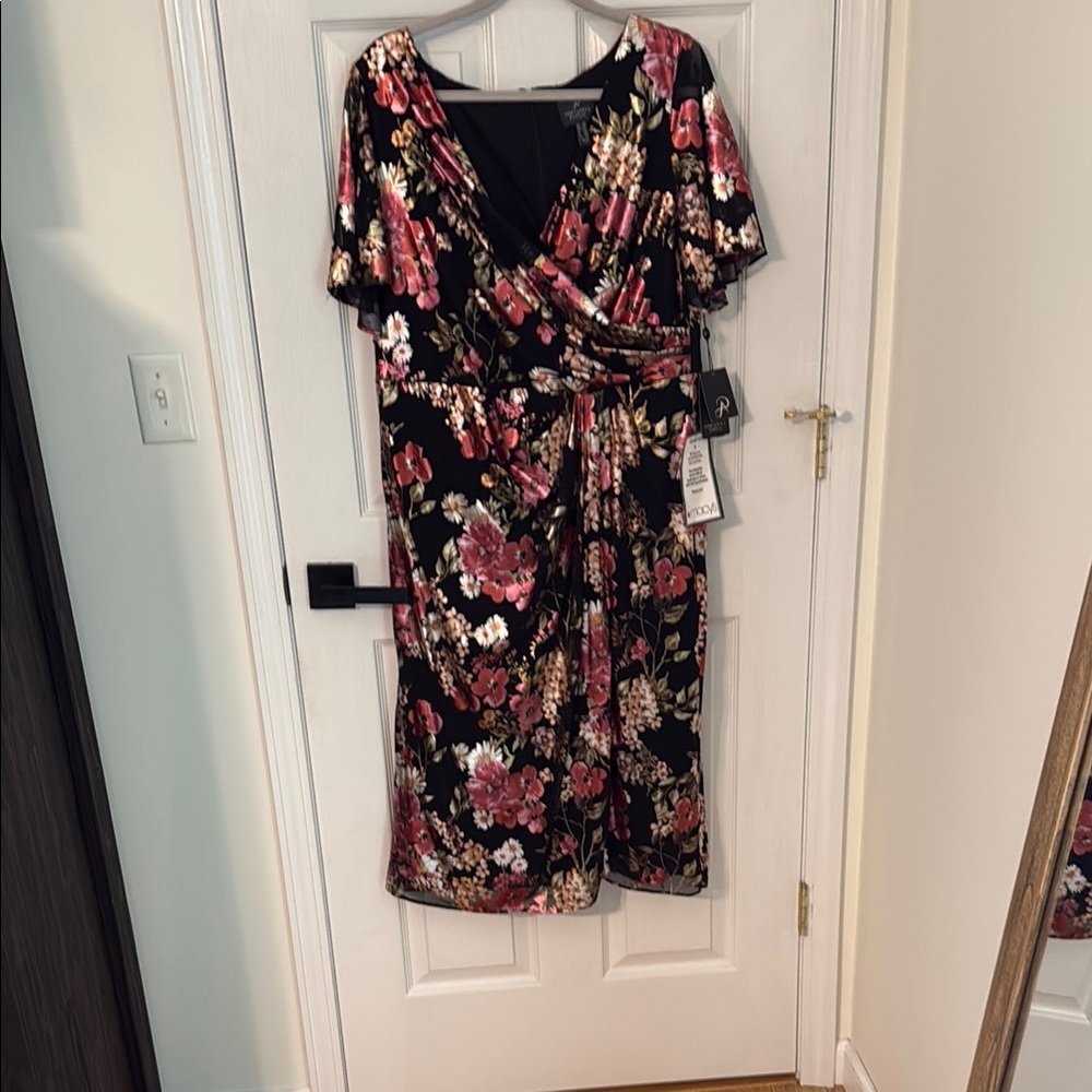 Adrianna Papell Black and Pink Floral Midi Dress